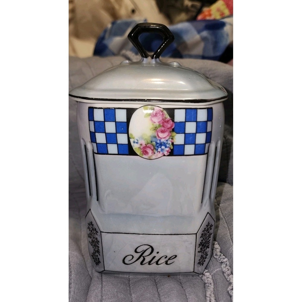 Vtg Victoria China Czechoslovakia Blue Lusterware Rice Canister Art Deco Granny